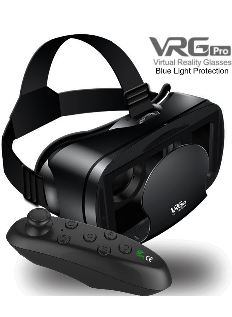 VRG VR Goggles VRG Pro 3D Virtual Reality VR Glasses, Blue Light Protection + Controller for TV, Movies & Video Games Compatible with iOS & Android Smartphone Within 5-7inch Screen Phone Eye Protected Soft & Comfortable Adjustable Distance Big Screen/ 3D Effect + Immersion /Full-Screen Vision, Full Screen, No Borders/ Immersive Games - Image 1